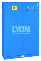 Acid Storage Cabinet - #5545 - 43 x 18 x 65" - 45 Gallon - w/2 shelves, three poly trays, bi-fold self-closing door - Blue Only - Best Tool & Supply