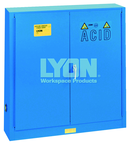 Wall-Mount Bench Acid Cabinet - #5566 - 43 x 12 x 44" - 20 Gallon - w/5 shelves, six poly trays, 2-door manual close - Blue Only - Best Tool & Supply