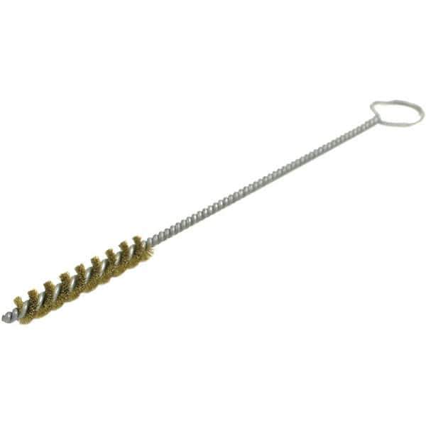 Brush Research Mfg. - 7/16" Diam Helical Brass Tube Brush - Single Spiral, 0.005" Filament Diam, 2-1/2" Brush Length, 10" OAL, 0.168" Diam Galvanized Steel Shank - Best Tool & Supply