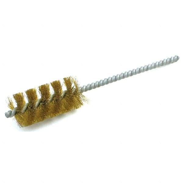 Brush Research Mfg. - 9/16" Diam Helical Brass Tube Brush - Single Spiral, 0.005" Filament Diam, 1-1/2" Brush Length, 5" OAL, 0.19" Diam Galvanized Steel Shank - Best Tool & Supply