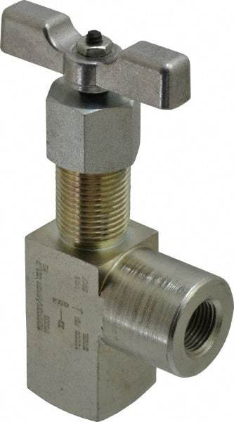 Made in USA - 3/8" Pipe, Angled Hard Seat Needle Valve - FNPT x FNPT Ends, Alloy Valve, 10,000 Max psi - Best Tool & Supply