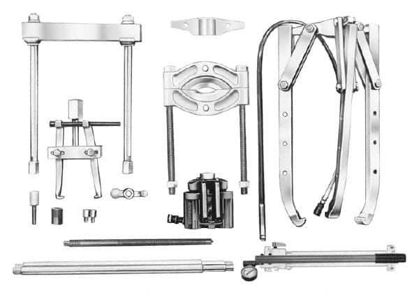 OTC - 17 Piece, 34" Spread, Hydraulic Puller Set - 3 Jaws, 19" OAL, 20-1/2" Reach - Best Tool & Supply