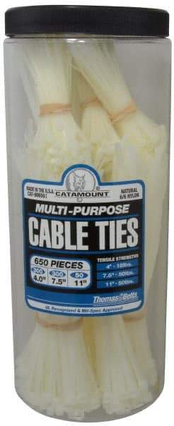 Thomas & Betts - 4 to 11 Inch Range, White Cable Ties - 3 Inch Bundle Diameter, 18, 40 and 50 Lb. Strength, Nylon - Best Tool & Supply