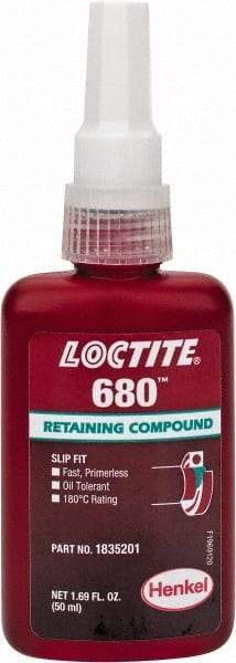 Loctite - 50 mL Bottle, Green, High Strength Liquid Retaining Compound - Series 680, 24 hr Full Cure Time, Heat Removal - Best Tool & Supply