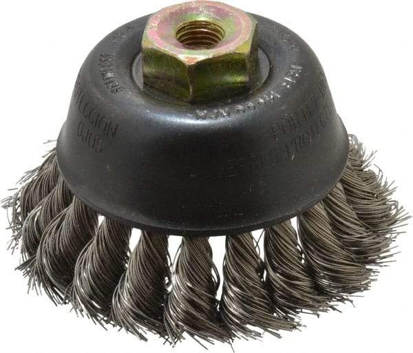 Osborn - 2-3/4" Diam, M10x1.25 Threaded Arbor, Stainless Steel Fill Cup Brush - 0.014 Wire Diam, 14,000 Max RPM - Best Tool & Supply