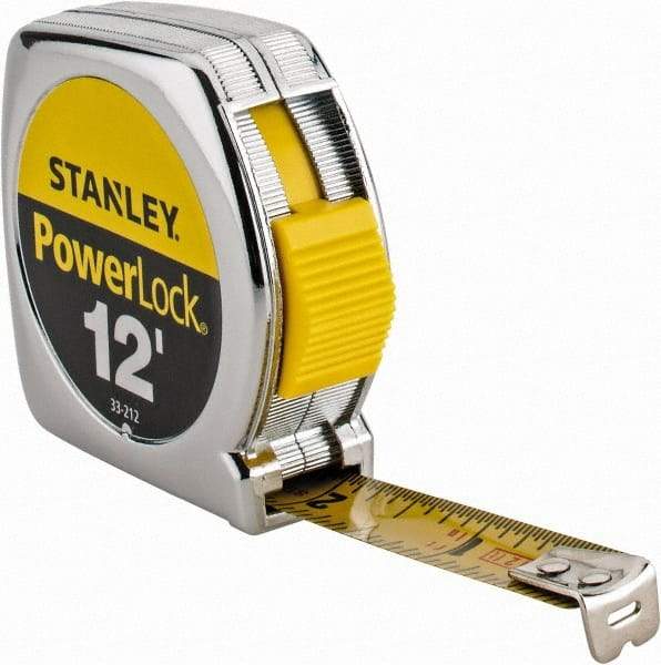 Stanley - 12' x 1/2" Yellow Blade Tape Measure - 1/32 & 1/16" Graduation, Inch Graduation Style, Silver Case - Best Tool & Supply