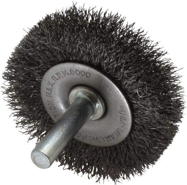 Made in USA - 2" OD, 1/4" Shank Diam, Crimped Steel Wheel Brush - 1/4" Face Width, 0.008" Filament Diam, 6,000 RPM - Best Tool & Supply