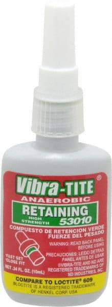 Vibra-Tite - 10 mL Bottle, Green, High Strength Liquid Retaining Compound - Series 530, 24 hr Full Cure Time, Hand Tool Removal - Best Tool & Supply