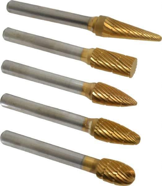 Made in USA - 5 Piece, 3/8" Shank Burr Set - Tungsten Carbide, Multiple Head Shape - Best Tool & Supply