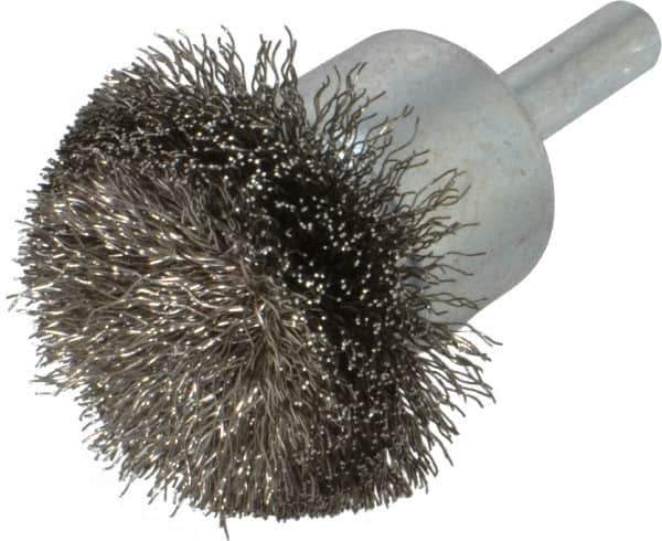 Weiler - 1-1/2" Brush Diam, Crimped, Flared End Brush - 1/4" Diam Shank, 20,000 Max RPM - Best Tool & Supply