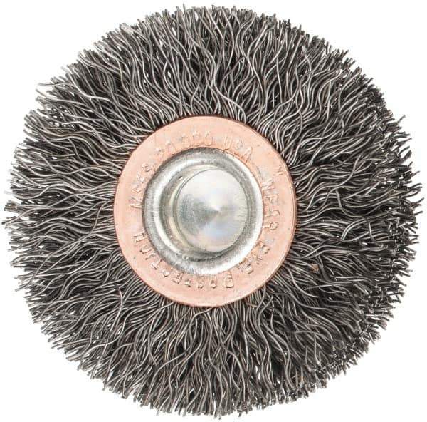 Weiler - 2" OD, 1/4" Shank Diam, Crimped Steel Wheel Brush - 3/8" Face Width, 1/2" Trim Length, 0.0118" Filament Diam, 20,000 RPM - Best Tool & Supply