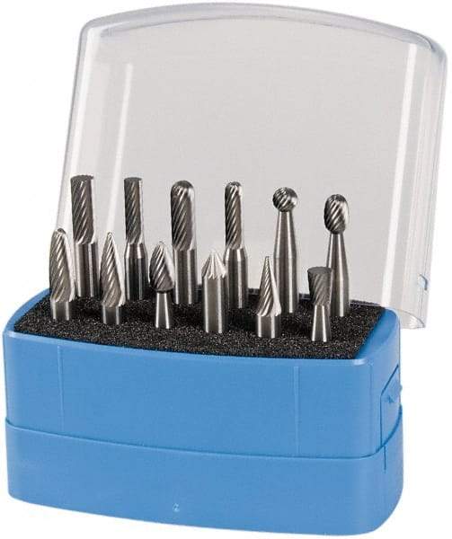 Made in USA - 12 Piece, 1/4" Shank Burr Set - Solid Carbide, Multiple Head Shape - Best Tool & Supply