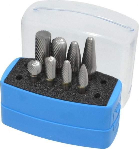 Made in USA - 8 Piece, 1/4" Shank Burr Set - Solid Carbide, Multiple Head Shapes, 14° Included Angle - Best Tool & Supply