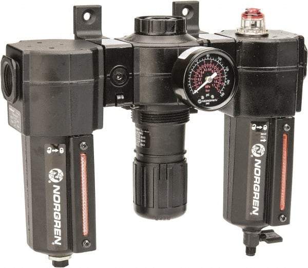 Norgren - 3/4" NPT Port Standard 3 Piece Filter-Regulator-Lubricator FRL Unit - Metal Bowl, 138 SCFM, 250 Max psi, 97" High x 10.52" Long, Automatic Drain - Best Tool & Supply