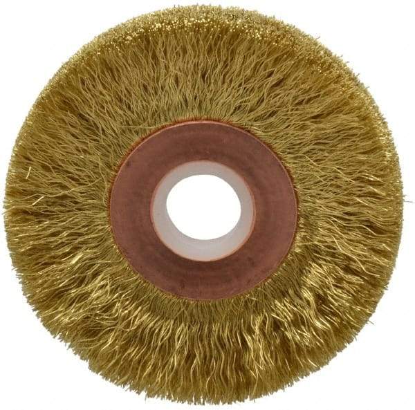 Anderson - 2" OD, 1/2" Arbor Hole, Crimped Brass Wheel Brush - 1/4" Face Width, 1/2" Trim Length, 0.005" Filament Diam, 20,000 RPM - Best Tool & Supply