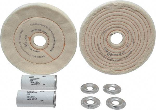 Dico - 6" Diam Cushion Sewn, Spiral Sewn Buffing Wheel Set - 1/2 - 1" Arbor Hole, Emery - Best Tool & Supply