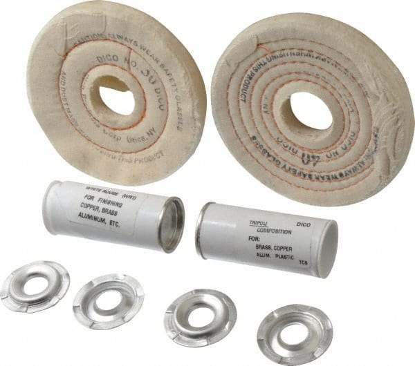 Dico - 4" Diam Cushion Sewn, Spiral Sewn Buffing Wheel Set - 1/2 - 1" Arbor Hole, Tripoli - Best Tool & Supply