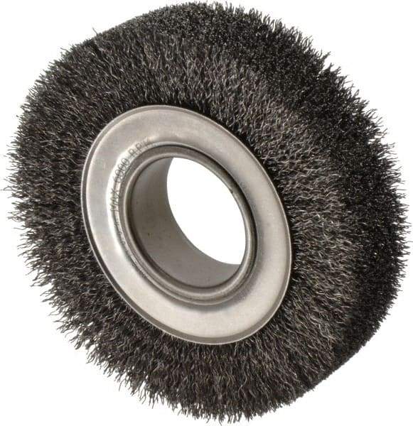 Anderson - 6" OD, 2" Arbor Hole, Crimped Steel Wheel Brush - 1-1/2" Face Width, 1-1/8" Trim Length, 0.014" Filament Diam, 6,000 RPM - Best Tool & Supply