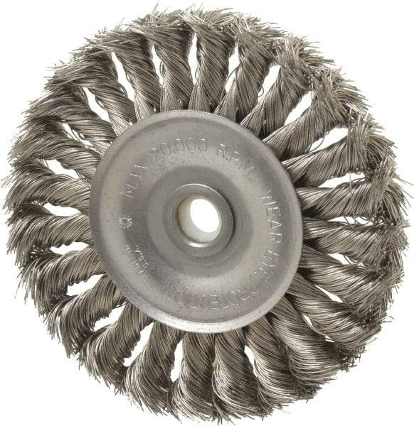 Anderson - 4" OD, 1/2" Arbor Hole, Knotted Stainless Steel Wheel Brush - 1/2" Face Width, 1" Trim Length, 0.014" Filament Diam, 20,000 RPM - Best Tool & Supply