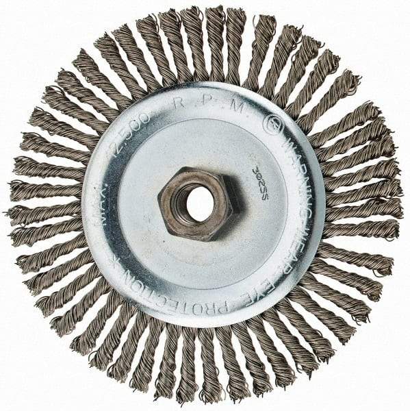 Anderson - 6" OD, 5/8-11 Arbor Hole, Knotted Stainless Steel Wheel Brush - 3/16" Face Width, 1-1/8" Trim Length, 0.02" Filament Diam, 12,500 RPM - Best Tool & Supply