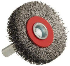 Value Collection - 1-5/8" OD, 1/4" Shank Diam, Crimped Steel Wheel Brush - 5/16" Face Width, 3/8" Trim Length, 0.008" Filament Diam, 18,000 RPM - Best Tool & Supply