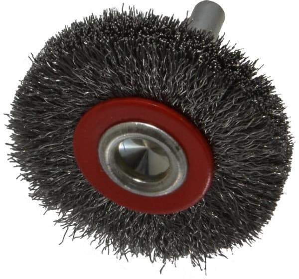 Value Collection - 2" OD, 1/4" Shank Diam, Crimped Steel Wheel Brush - 3/8" Face Width, 3/8" Trim Length, 0.008" Filament Diam, 15,000 RPM - Best Tool & Supply