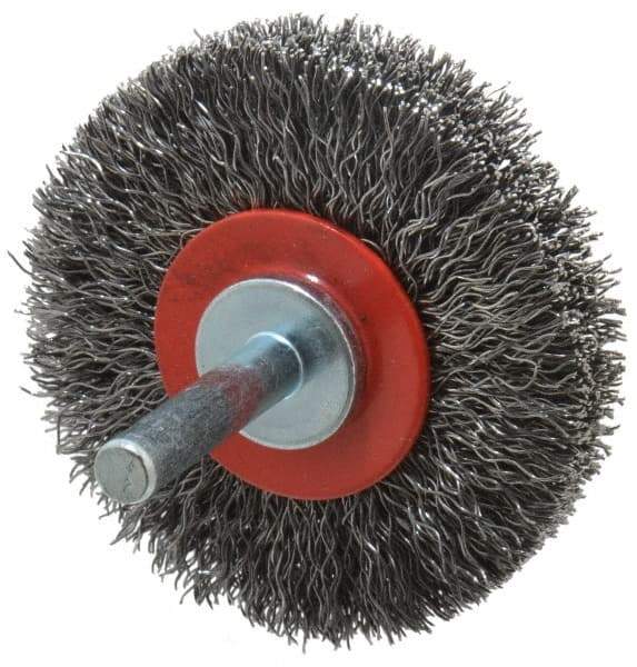 Value Collection - 2-3/8" OD, 1/4" Shank Diam, Crimped Steel Wheel Brush - 1/2" Face Width, 9/16" Trim Length, 0.015" Filament Diam, 15,000 RPM - Best Tool & Supply