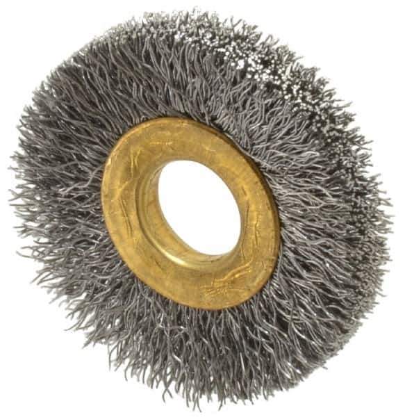 Value Collection - 1-1/2" OD, 3/8" Arbor Hole, Crimped Steel Wheel Brush - 1/4" Face Width, 3/8" Trim Length, 0.007" Filament Diam, 20,000 RPM - Best Tool & Supply