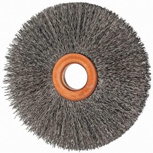 Value Collection - 3" OD, 1/2" Arbor Hole, Crimped Steel Wheel Brush - 3/8" Face Width, 1" Trim Length, 0.007" Filament Diam, 15,000 RPM - Best Tool & Supply