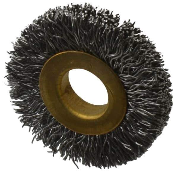 Value Collection - 1-1/4" OD, 3/8" Arbor Hole, Crimped Steel Wheel Brush - 1/4" Face Width, 9/32" Trim Length, 0.012" Filament Diam, 20,000 RPM - Best Tool & Supply