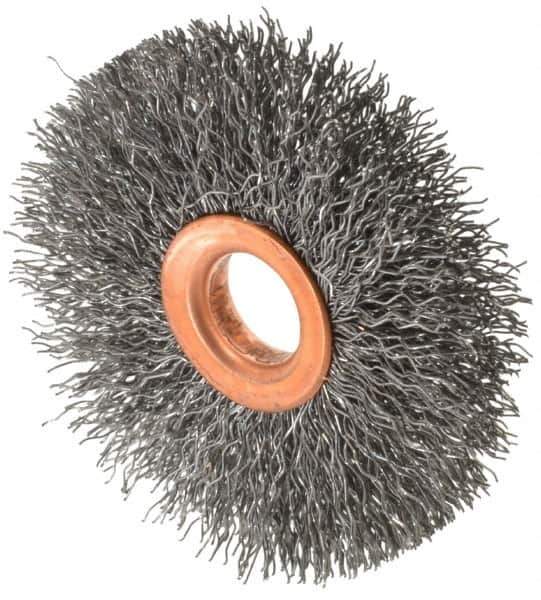 Value Collection - 2-1/2" OD, 1/2" Arbor Hole, Crimped Steel Wheel Brush - 3/8" Face Width, 3/4" Trim Length, 0.012" Filament Diam, 15,000 RPM - Best Tool & Supply