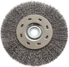 Value Collection - 5" OD, 1/2" Arbor Hole, Crimped Steel Wheel Brush - 1/2" Face Width, 1-15/64" Trim Length, 0.012" Filament Diam, 5,000 RPM - Best Tool & Supply