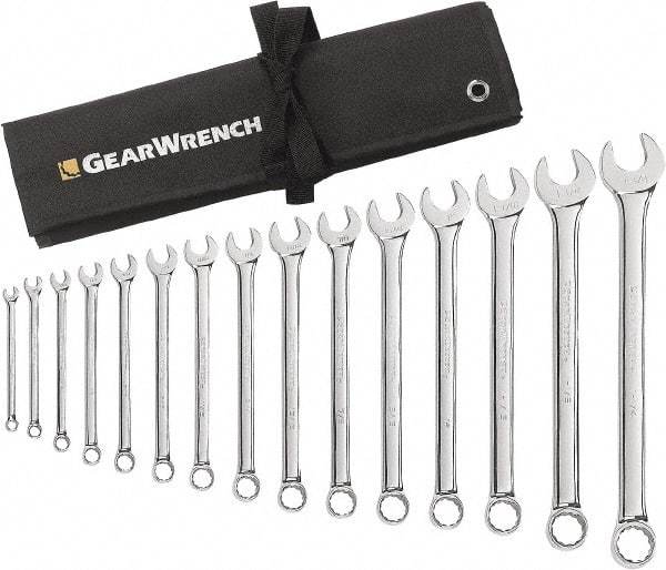 GearWrench - 15 Piece, 5/16" to 1-1/4", 12 Point Combination Wrench Set - Inch Measurement Standard, Chrome Finish, Comes in Roll - Best Tool & Supply