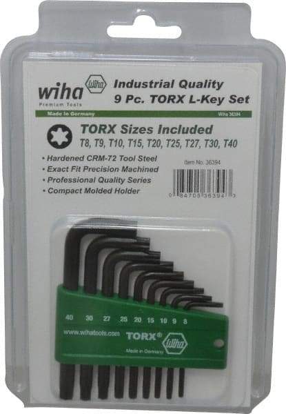 Wiha - 9 Piece T8 to T40 L-Key Short Arm Torx Key Set - T8, T9, T10, T15, T20, T25, T27, T30, T40 Torx Size - Best Tool & Supply