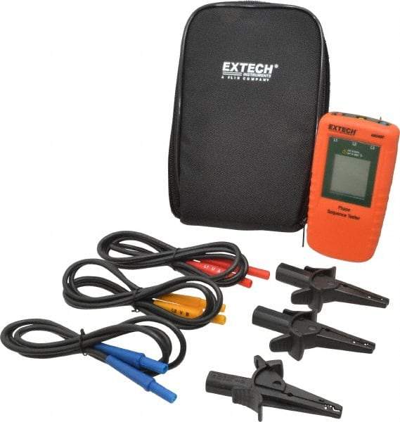 Extech - 3 Phase, 40 to 600 VAC, 15 to 400 Hz, 32 to 104°F, LCD Display Phase Rotation Tester - No Battery Required, Includes Alligator Clips, Test Leads, CAT III 600 V, CE, EN 61010-1 - Best Tool & Supply