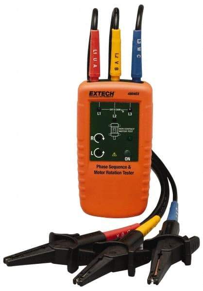 Extech - 3 Phase, 40 to 600 VAC, 2 to 400 Hz, 32 to 104°F, LED Display Phase Rotation Tester - 9V, Includes Alligator Clips, Test Leads, CAT III 600 V, CE, EN 61010-1 - Best Tool & Supply