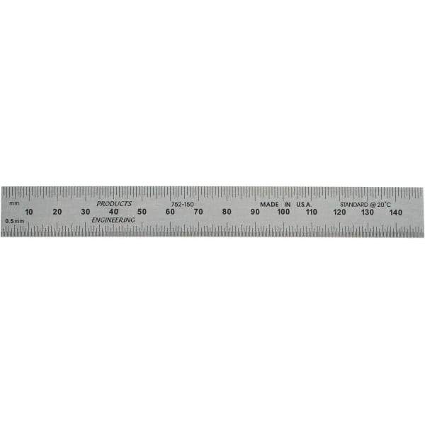 PEC Tools - 150mm Long, 0.5, 1mm Graduation, Rigid Steel Rule - Metric Graduation Style, 3/4" Wide, Silver, Satin Chrome Finish - Best Tool & Supply