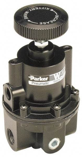 Parker - 3/8 NPT Port, 80 CFM, Aluminum Diaphragm Operated Regulator - 0 to 60 psi Range, 250 Max psi Supply Pressure, 1/4" Gauge Port Thread, 2.06" Wide x 4.35" High - Best Tool & Supply