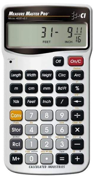 Calculated Industries - 11-Digit (7 normal, 4 Fractions) with Full Annunciators 30 Function Handheld Calculator - 5/8" x 2-1/2" (15.88mm x 63.5mm) Display Size, Silver, LR-44/A76 Powered, 7" Long x 5" Wide x 1" High - Best Tool & Supply