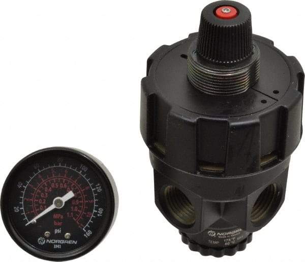 Norgren - 1/2 NPT Port, Zinc Hi-Flow Regulator - 10 to 125 psi Range, 300 Max psi Supply Pressure, 1/2" Gauge Port Thread, 2.7" Wide x 4.83" High - Best Tool & Supply