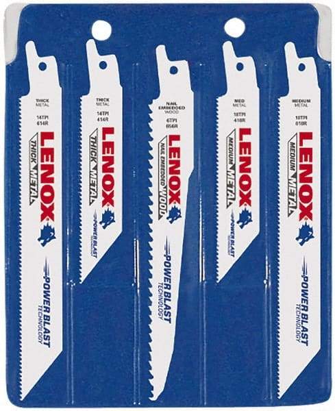 Lenox - 5 Piece, 4" to 6" Long x 0.035" to 0.05" Thick, Bi-Metal Reciprocating Saw Blade Set - Tapered Profile, 6 to 18 Teeth per Inch, Toothed Edge - Best Tool & Supply