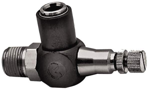 Norgren - 1/2" Tube Inlet x 1/2" NPTF Outlet Right Angle Adjustable Flow Control Valve - 5 to 150 psi, Needle Valve & Thermoplastic Material - Best Tool & Supply