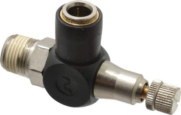 Norgren - 3/8" Tube Inlet x 3/8" NPTF Outlet Right Angle Adjustable Flow Control Valve - 5 to 150 psi, Needle Valve & Thermoplastic Material - Best Tool & Supply