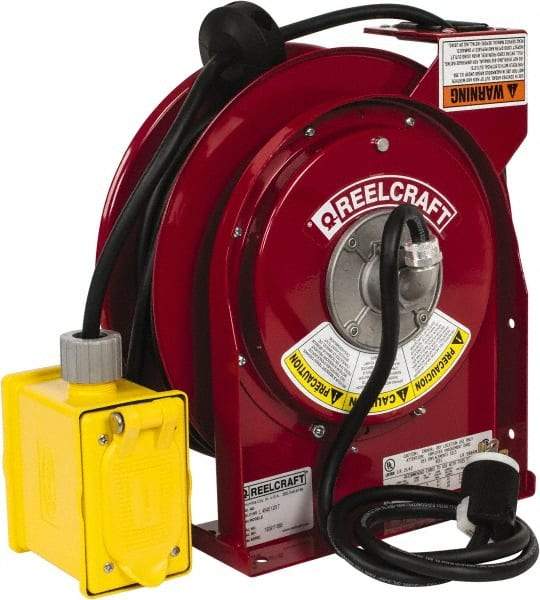 Reelcraft - 12 AWG, 45' Cable Length, Cord & Cable Reel with Duplex GFCI Outlet Box End - 2 Outlets, NEMA 5-20R, 20 Amps, 125 Volts, SJEOOW Cable, Red Reel - Best Tool & Supply