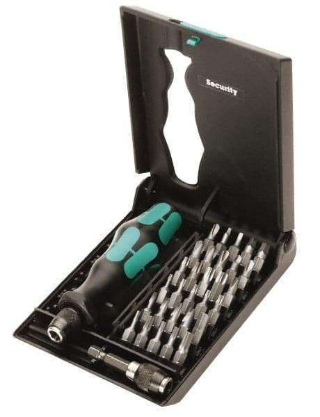 Wera - 32 Piece, 1/4" Drive Screwdriver Tamperproof Bit Set - Tamperproof 2 to 6mm Hex, Tamperproof 7 to 40 Torx, #0, #1, #2 & #3 Square Recess - Best Tool & Supply