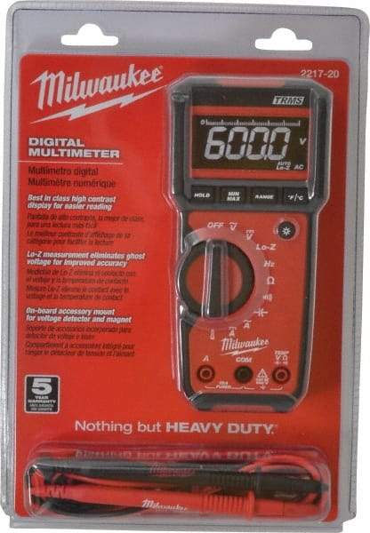 Milwaukee Tool - 2217-20, CAT III, 600 VAC/VDC, Digital True RMS Auto Ranging Multimeter - 40 mOhm, Measures Voltage, Capacitance, Current, Frequency, Resistance, Temperature - Best Tool & Supply