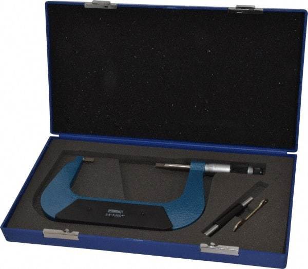 Fowler - 3" to 4" Mechanical Baked Enamel (Frame) & Satin Chrome (Graduations) Coated Blade Micrometer - 0.0002" Accuracy, 0.0001" Graduation, 0.03" Blade Thickness, Ratchet Stop Thimble - Best Tool & Supply