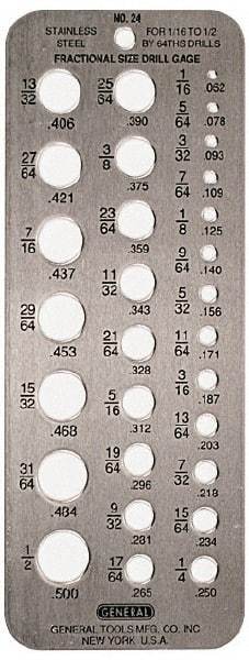 General - #60 Wire to #1 Wire Hole Size Drill Gage - 6-1/2 Inch Long, 2-1/2 Inch Wide, 60 Holes - Best Tool & Supply