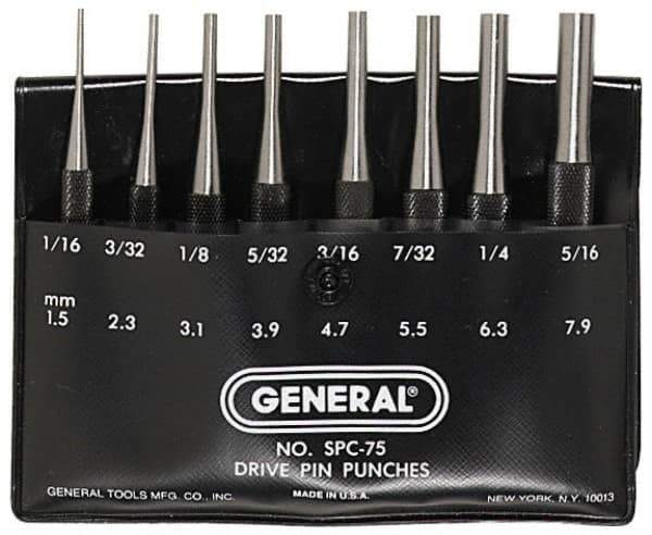 General - 8 Piece, 1/16 to 5/16", Pin Punch Set - Comes in Plastic Case - Best Tool & Supply