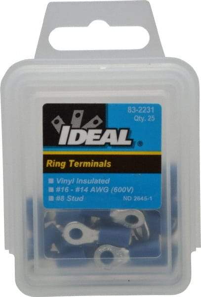 Ideal - 16-14 AWG Partially Insulated Crimp Connection Circular Ring Terminal - #8 Stud, 0.858" OAL x 0.394" Wide, Tin Plated Brass Contact - Best Tool & Supply